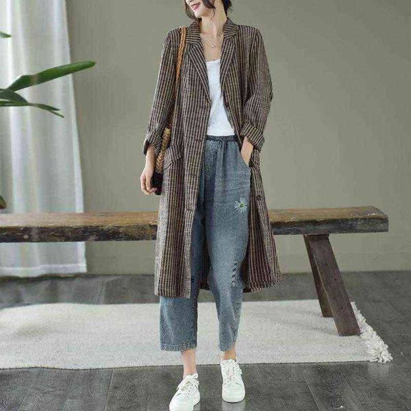 

women's trench coats 2021 autumn retro striped suit collar jacket women loose large size mid-length casual windbreaker long sleeves t22, Tan;black