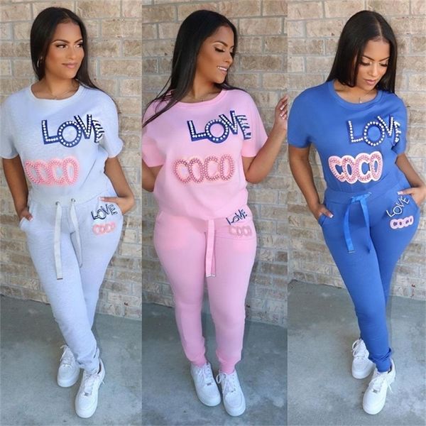 

tmustobe summer leisure inlaid pearl breathable and comfortable home service sweatsuit two piece set for women elegant suits t200704, White
