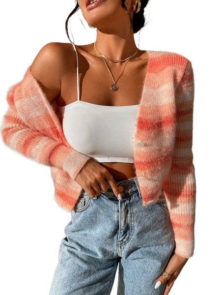 

striped pattern fuzzy cardigan w89y#, White;black