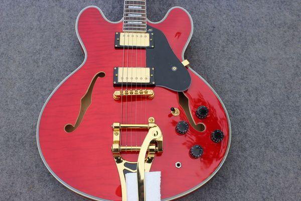 

red semi-hollow 335 jazz electric guitar maple body f hole a flame maple top