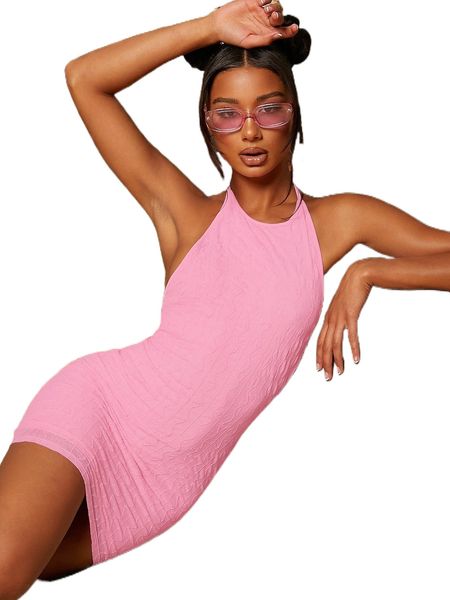 

halter neck backless knot mesh bodycon dress s9dw#, Black;gray