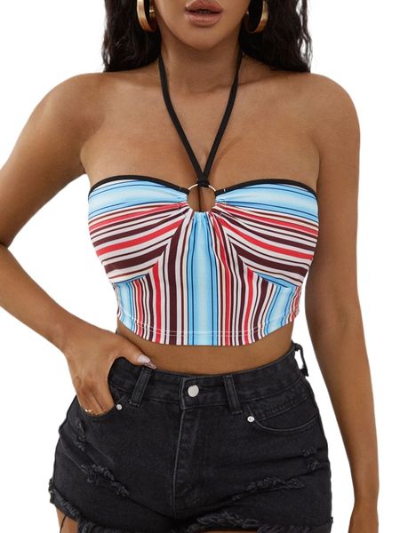 

sxy halter neck tie back striped print ring crop o0sp#, White