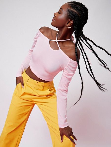 

x penelope ping off shoulder halter crop tee z4ws#, White