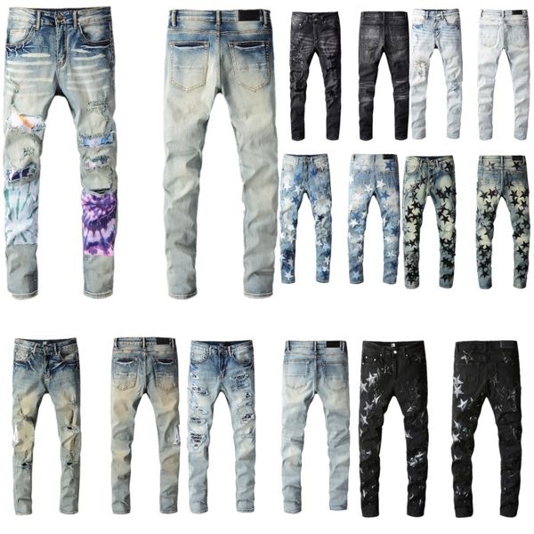 

fashion mens jeans cool style luxury designer denim pant distressed ripped biker hip hop jean slim fit motorcycle, Blue