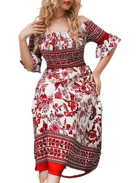 

plus floral print off shoulder shirred flounce sleeve dress o5gk#, Black