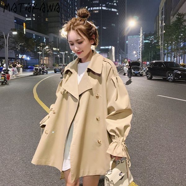 

spring korean loose khaki windbreaker womens coat midlength flared sleeve double breasted women jacket 210506, Tan;black
