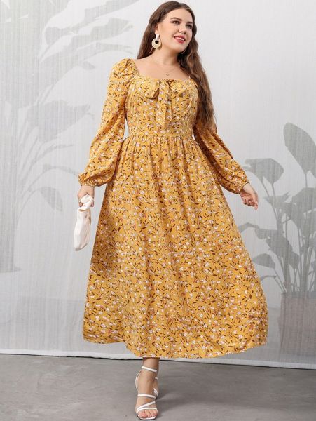 

plus ditsy floral print knot front lantern sleeve dress y4y6#, Black