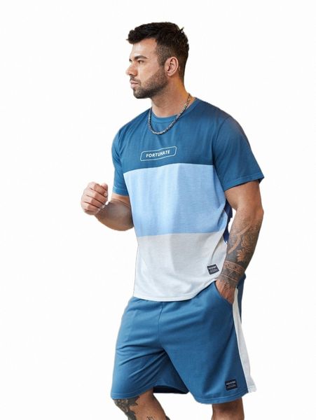 

extended sizes men color block letter graphic tee & letter patched shorts d0al#, Gray