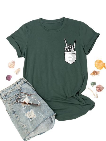 

plus skeleton hand print tee 037p#, Black