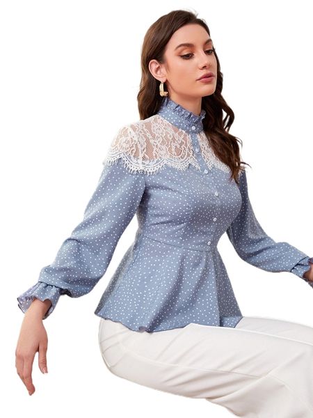 

polka dot lace panel blouse f7li#, White