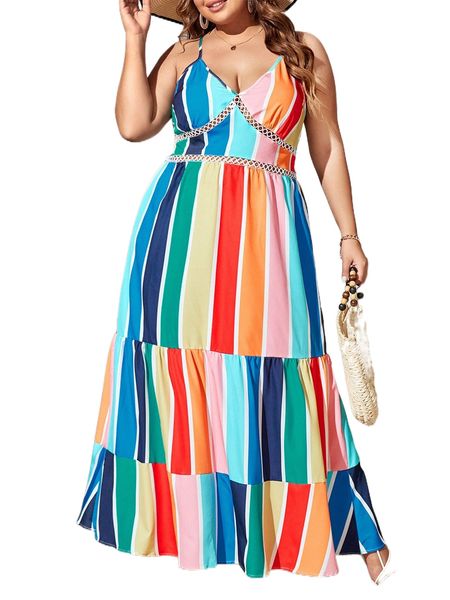 

plus striped print lace up back layered hem dress m7uw#, Black