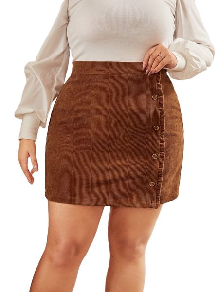 

plus frill trim corduroy skirt i1a6#, Black