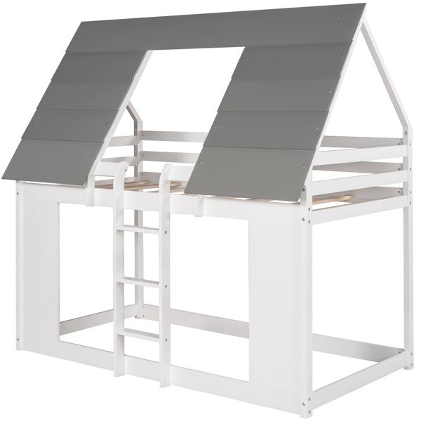 

2022 modern bedroom furniture house bunk bed with roof and built-in ladder white