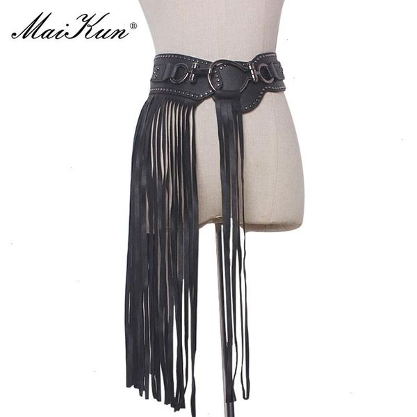 

luxury design punk goth belts for women personality long tassels skirt fashion rivet wide elastic black female belt, Black;brown