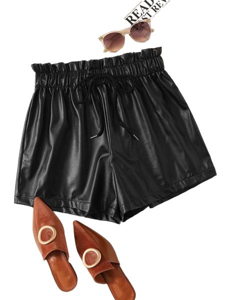 

drawstring paperbag waist pu shorts l0gv#, White;black