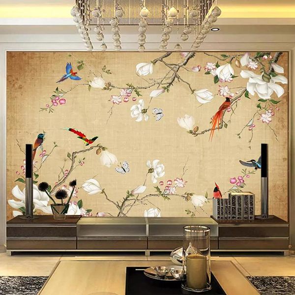 Papéis de parede personalizados qualquer tamanho de parede mural 3D flores estéreo pássaros de estilo chinês