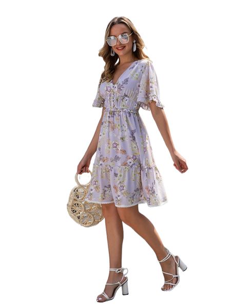 

floral print butterfly sleeve frill trim dress l5dx#, Black;gray