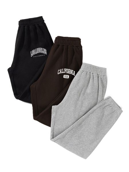 

3pcs letter graphic elastic waist thermal lined sweatpants o8fo#, Black;white