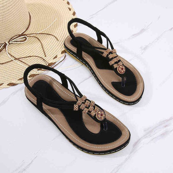 

summer 2022 sandals women's bohemian wooden bead woven large flat shoes, Black