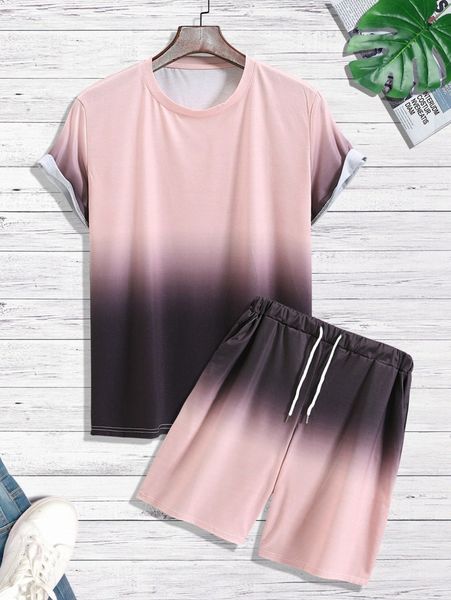 

men ombre tee & drawstring waist shorts j0dk#, Gray