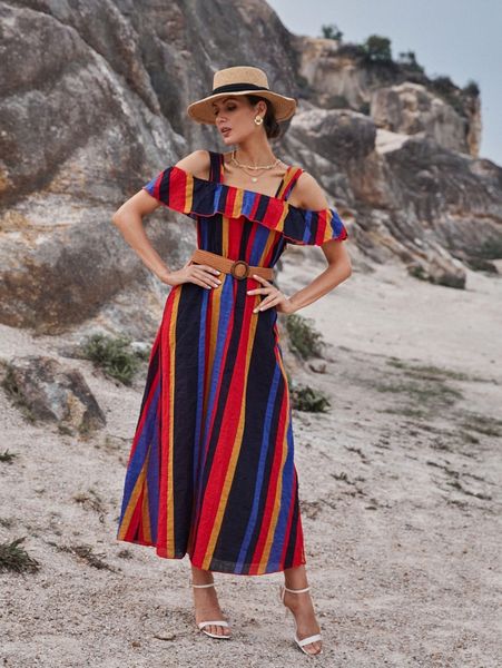 

cold shoulder colorful striped dress 11xg#, Black;gray