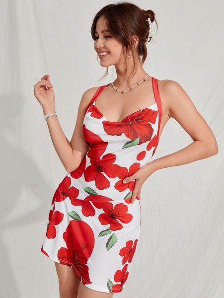 

floral print cowl neck cami dress l4pg#, Black;gray