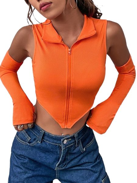 

asymmetrical hem zipper crop tank with arm sleeves q52f#, White