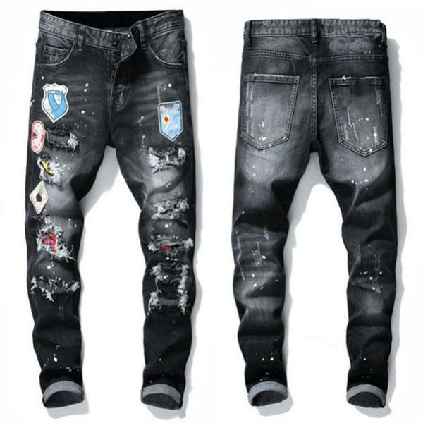 

jean mens rips stretch black jeans fashion slim fit washed motocycle denim pants panelled hip hop trouser dsquare 2 s dsq2s dsqs xgr, Blue