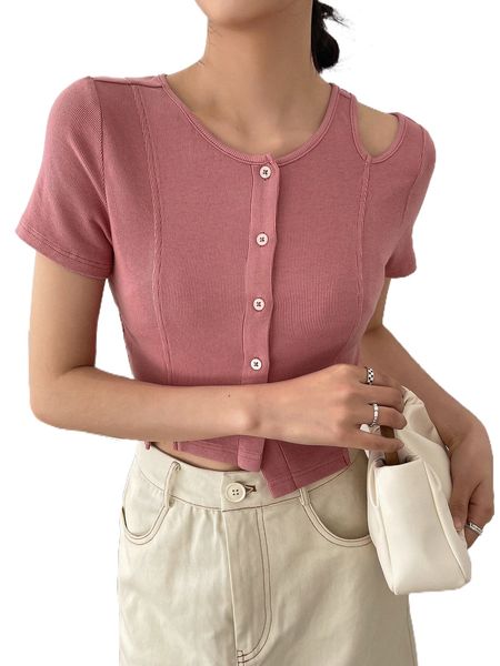 

dazy cut out button up crop tee w96v#, White