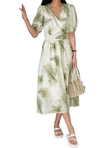 

dazy allover print puff sleeve overlap collar tie back dress 78my#, Black;gray