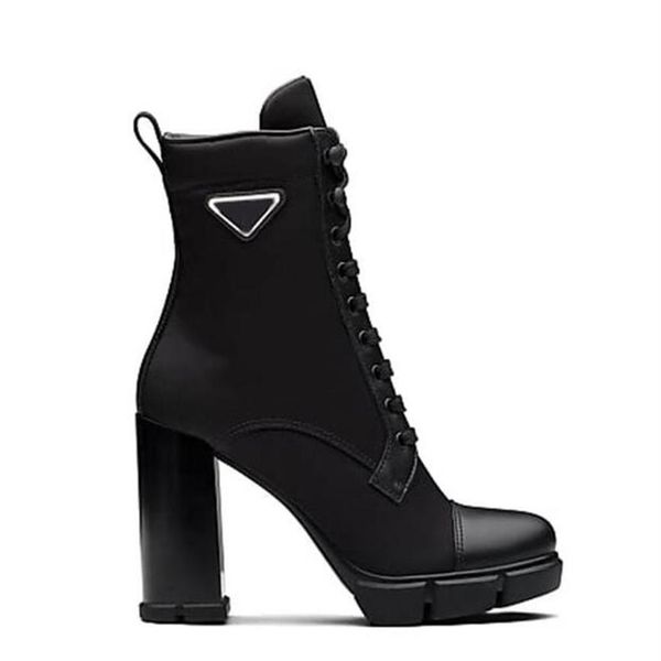 

luxury designer woman fashion boots leather and nylon fabric booties women ankle biker australia platform heels winter sneakers262q, Black