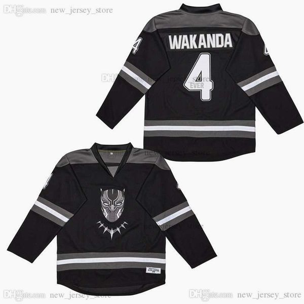 

movie blue ice hockey #4 wakanda killmonger wakanda t'challa jerseys, Black;red