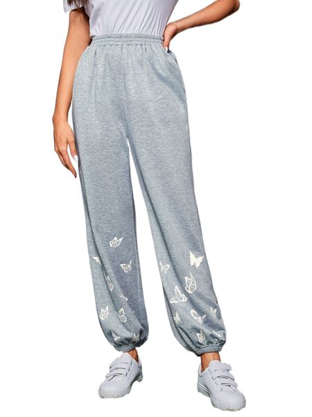 

butterfly print slant pocket sweatpants i4o5#, Black;white