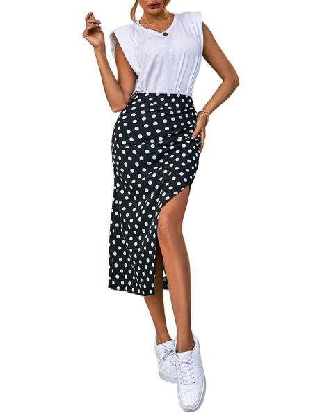 

high waist polka dot slit skirt i3hb#, Black