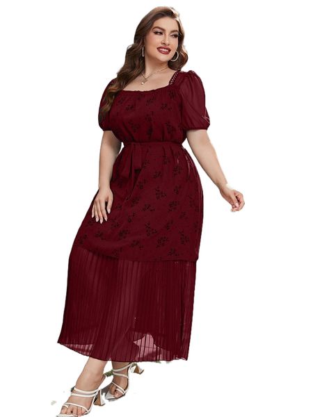 

plus ditsy floral print puff sleeve pleated hem belted dress h91x#, Black