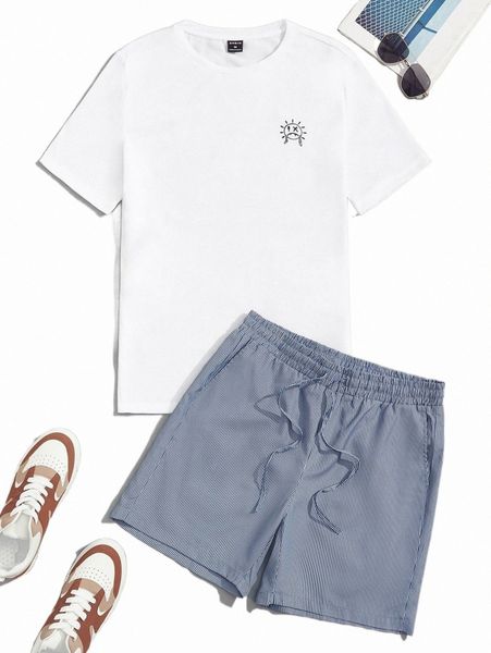 

men expression print tee & vertical striped drawstring waist shorts n0fe#, Gray