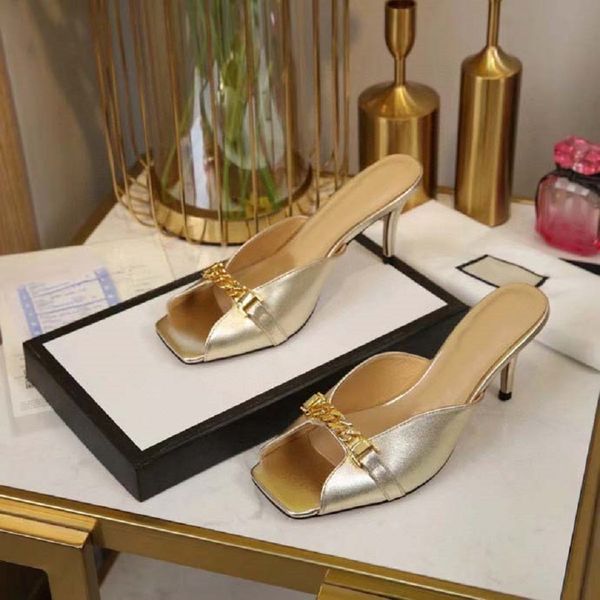 

classic fashion slides sandals lady summer sandals designer metal buckle large size leather thick bottom high heeled women shoe bagshoe1978, Black