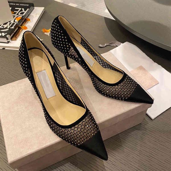 

dress shoes high heels women's spring and summer mesh drill pointed thin heel dinner wedding shoes, Black