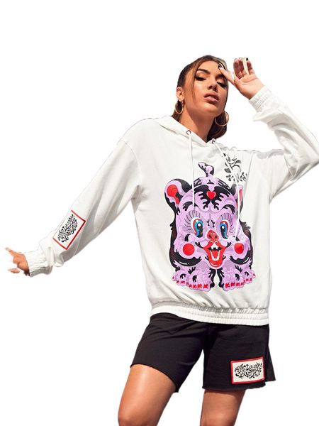 

x friederike hantel cartoon graphic drawstring hoodie f434#, Black