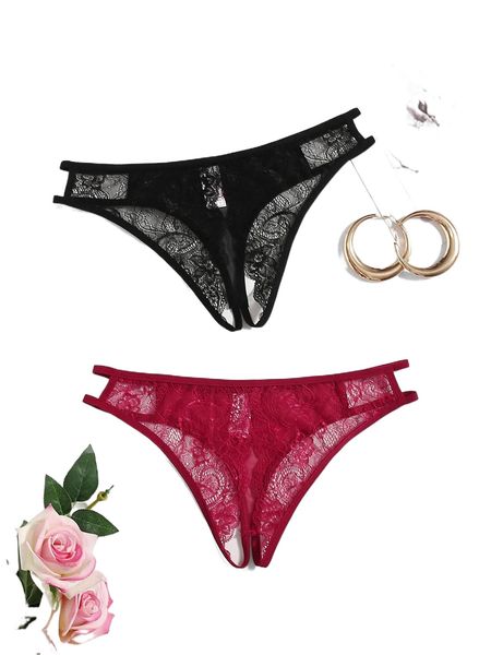 

2pack floral lace crotchless panty v5qd#, Black;red