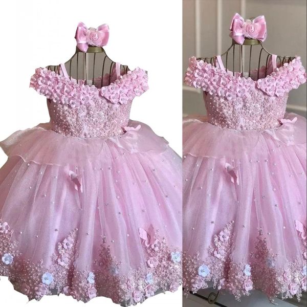 2022 Lanvender Lace Flower Girl Dresses para vestido de banheiro com aplicação de casamento vestidos de concurso Tulle Pearls comprimento do piso Primeira comunhão vestido de ombro