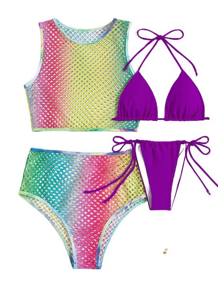 

ombre halter micro triangle bikini swimsuit with cover up set c5jx#, White;black