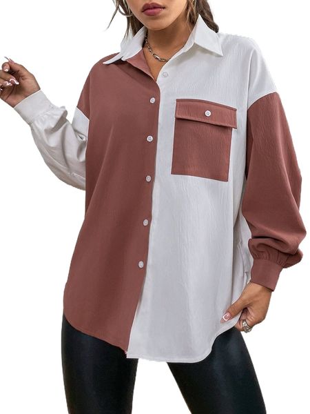 

colorblock flap pocket drop shoulder shirt u1tk#, White