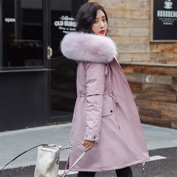

women's winter warm parka long jacket thicken faux fur collar parkas coat female embroidery military solid parkas woman 201126, Black