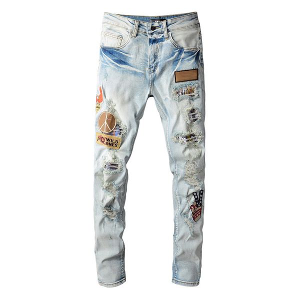 

mens designer classic skinny am jeans printed destruction men street motorcycle ripped black and blue jeanwpi1