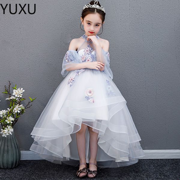 Lace Flower Girl süße Prinzessinball Sheer Neck Langer Zug applizierte erste heilige Kommunionkleid Kleinkind Festzug Kleider 403