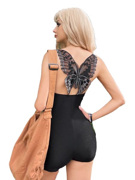 

grunge butterfly detail ruched cami unitard romper without belt j0wh#, Black;white