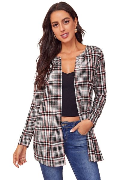 

open front plaid coat 2144#, Black