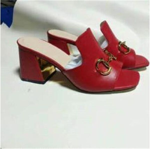

2022 summer beach slipper fashion 100% leather metal buckle women shoes cowhide white black thick heel sandals lady letter half high heels l