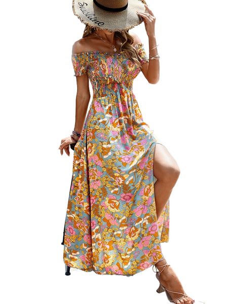 

allover floral print bardot crossover shirred dress c1a8#, Black;gray